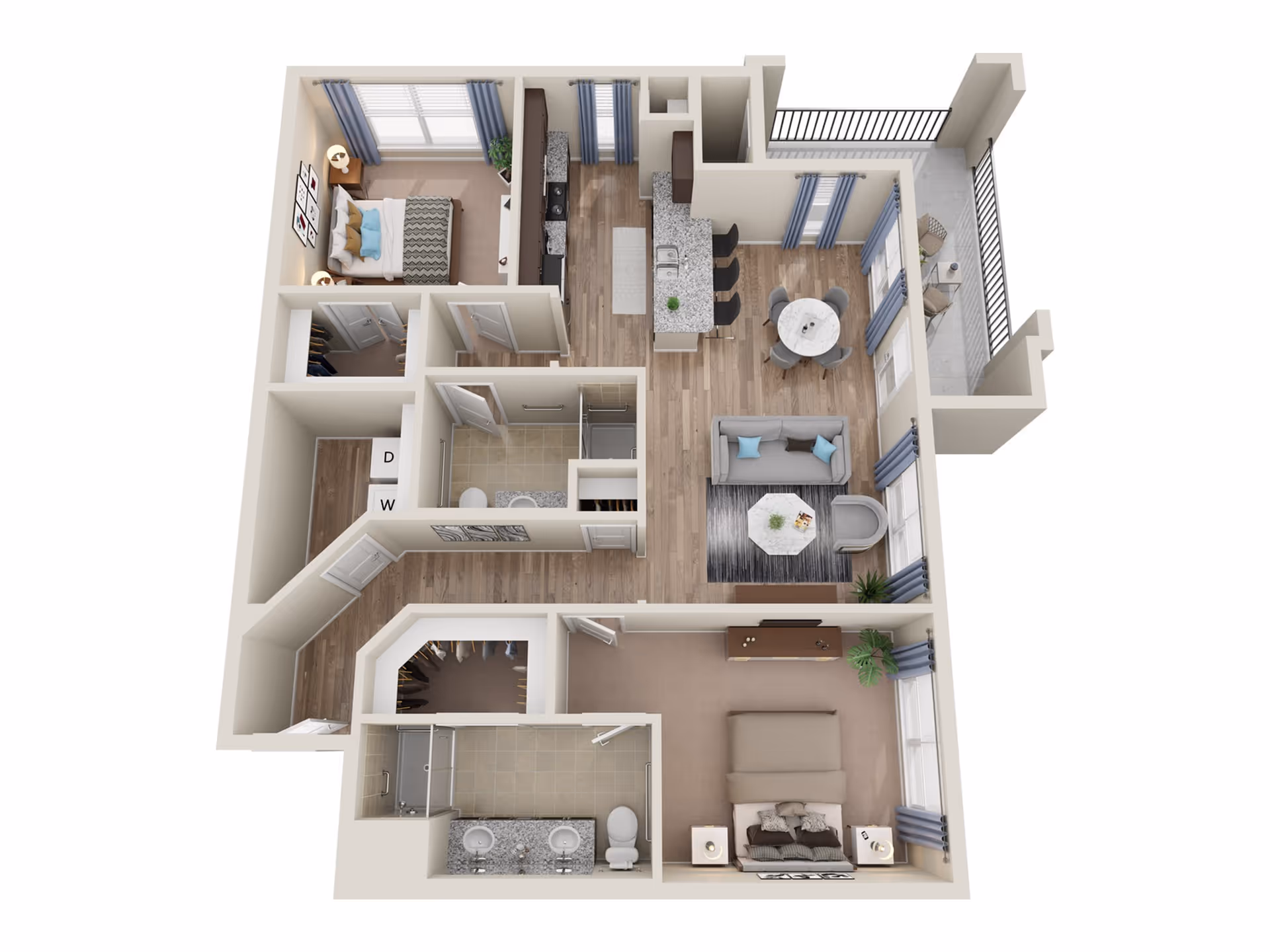 3D floor-plan rendering of a two-bedroom apartment showing a living room, dining area, kitchen with island, two bathrooms, closets, and a balcony.