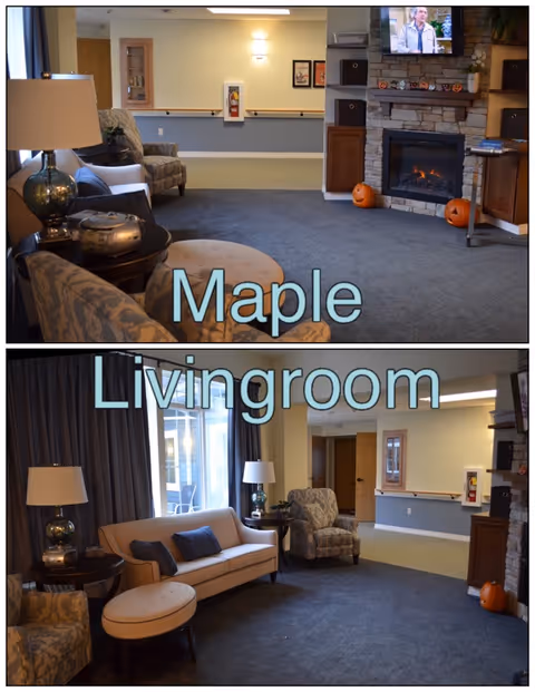A furnished senior living room with a sofa, armchairs, lamps, a stone fireplace, and pumpkins, overlaid with the words "Maple Livingroom".