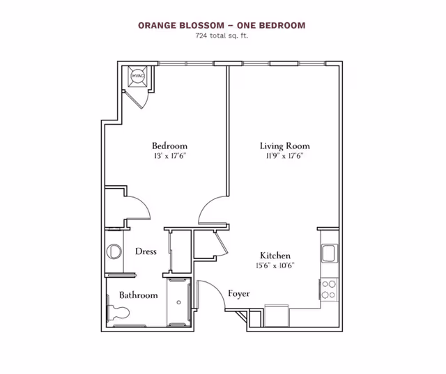 Floor plan of a one-bedroom apartment named Orange Blossom with a total area of 724 square feet. The layout includes a bedroom measuring 13 feet by 17 feet 6 inches, a living room measuring 11 feet 9 inches by 17 feet 6 inches, a kitchen measuring 15 feet 6 inches by 10 feet 6 inches, a foyer, a bathroom, and a dressing area. The plan also shows the placement of doors, windows, and HVAC.