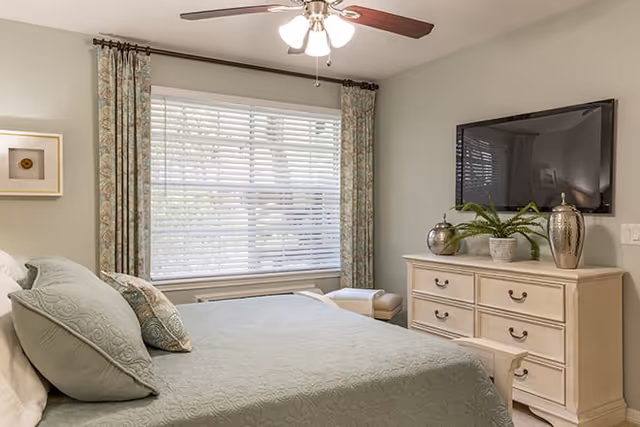A bedroom with a large bed covered in a light green quilt and matching pillows. There is a window with white blinds and patterned curtains behind the bed. A ceiling fan with lights is mounted on the ceiling. Across from the bed is a cream-colored dresser with decorative vases and a potted plant, and a flat-screen TV mounted on the wall above it.
