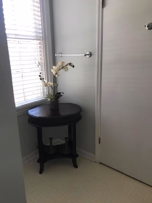A small bathroom corner with a round side table holding a potted orchid beneath a towel bar next to a window and door.