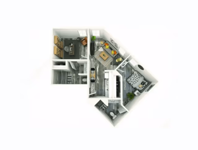 3D floor plan of a residential unit showing a bedroom with a bed and nightstand, a living room with a sofa and coffee table, a kitchen with appliances and cabinetry, a bathroom with a toilet and sink, and an office area with a desk and chair.