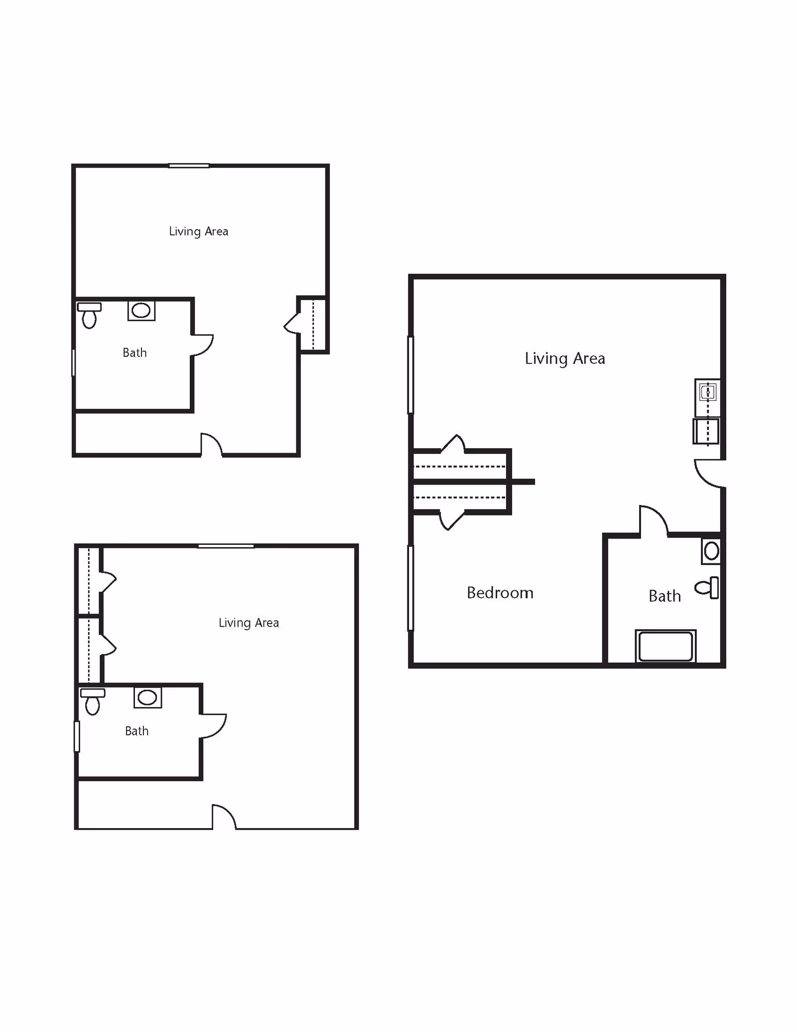Architectural floor plans showing three different apartment layouts. Each layout includes a living area and a bathroom, with one layout also featuring a bedroom and kitchen area.