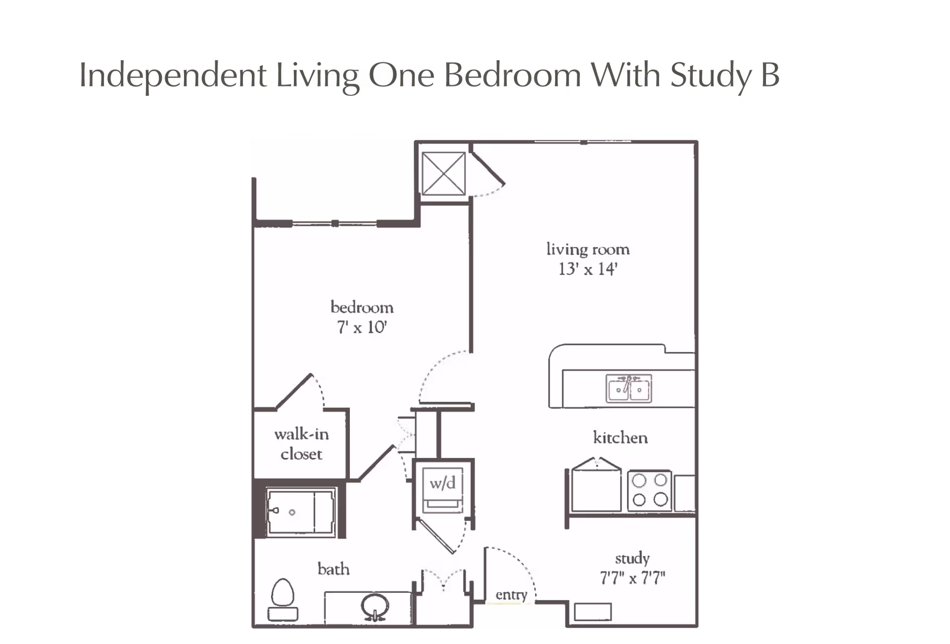 Black-and-white floor plan titled 'Independent Living One Bedroom With Study B' showing a one-bedroom apartment layout with a living room, kitchen, study, bedroom, bath, walk-in closet, and washer/dryer.