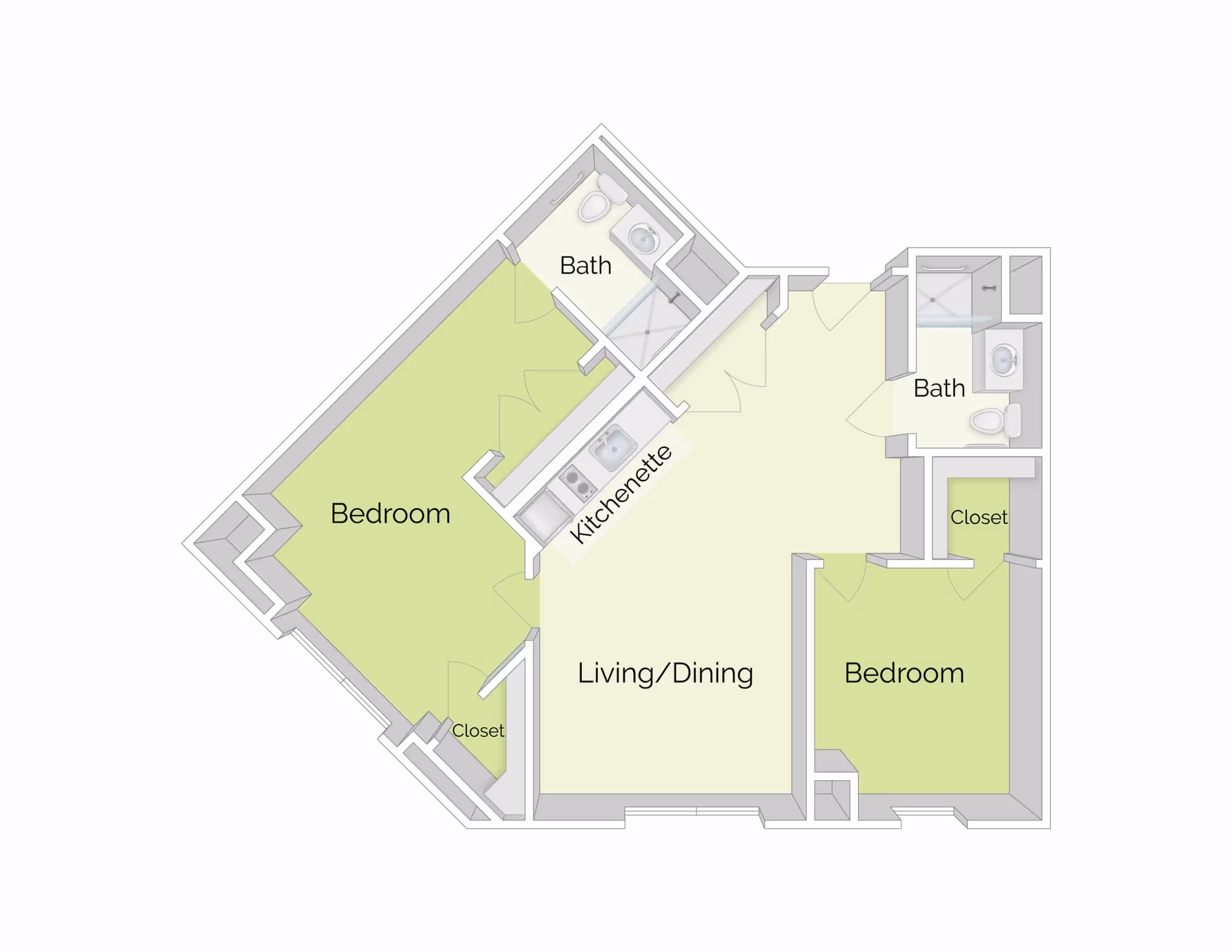 Floor plan of a residential unit at The Residence at Salem Woods showing two bedrooms, two bathrooms, a living/dining area, a kitchenette, and closets.