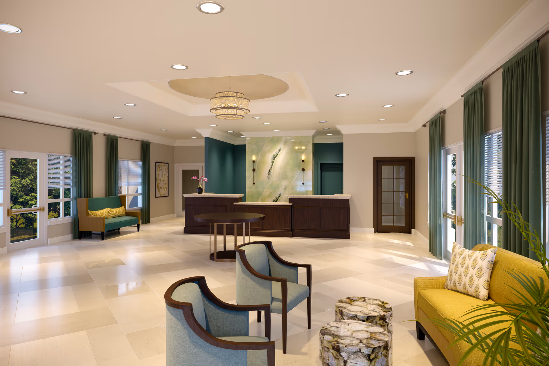 A spacious and well-lit reception area with a modern design. The room features a dark wood reception desk with a green marble backdrop, two light blue armchairs, a yellow sofa with patterned pillows, and two small round tables with a stone-like texture. Large windows with green curtains allow natural light to fill the space, and there is a chandelier hanging from the ceiling. The floor is tiled in a light beige color.