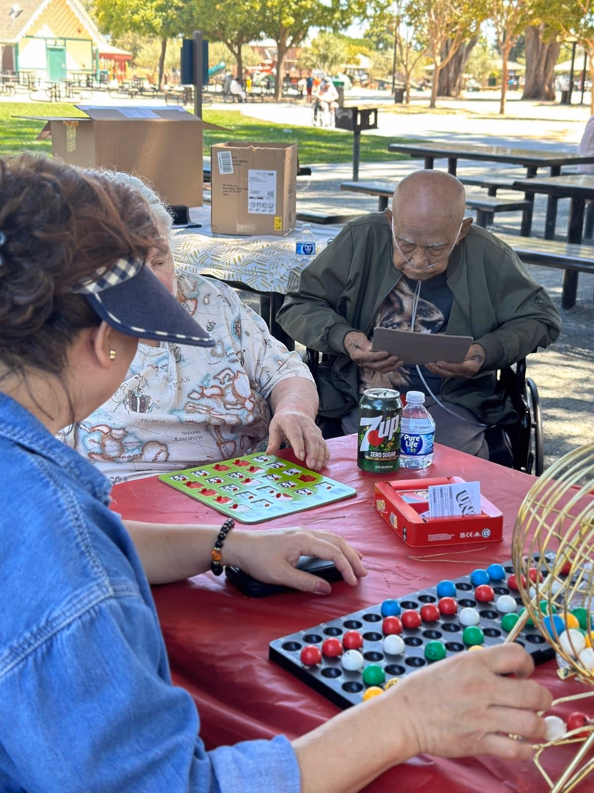 Three elderly individuals sitting at a picnic table outdoors under trees, playing a board game with colorful balls and cards. One person is wearing a denim jacket and visor, another person is in a wheelchair reading a tablet, and the third person is looking at a bingo card. There are picnic tables and people in the background in a park-like setting.