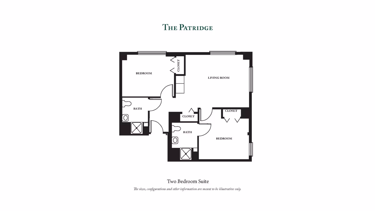 Black-and-white floor plan titled "The Patridge" showing a two-bedroom suite with a living room, two bedrooms, two bathrooms and closets.