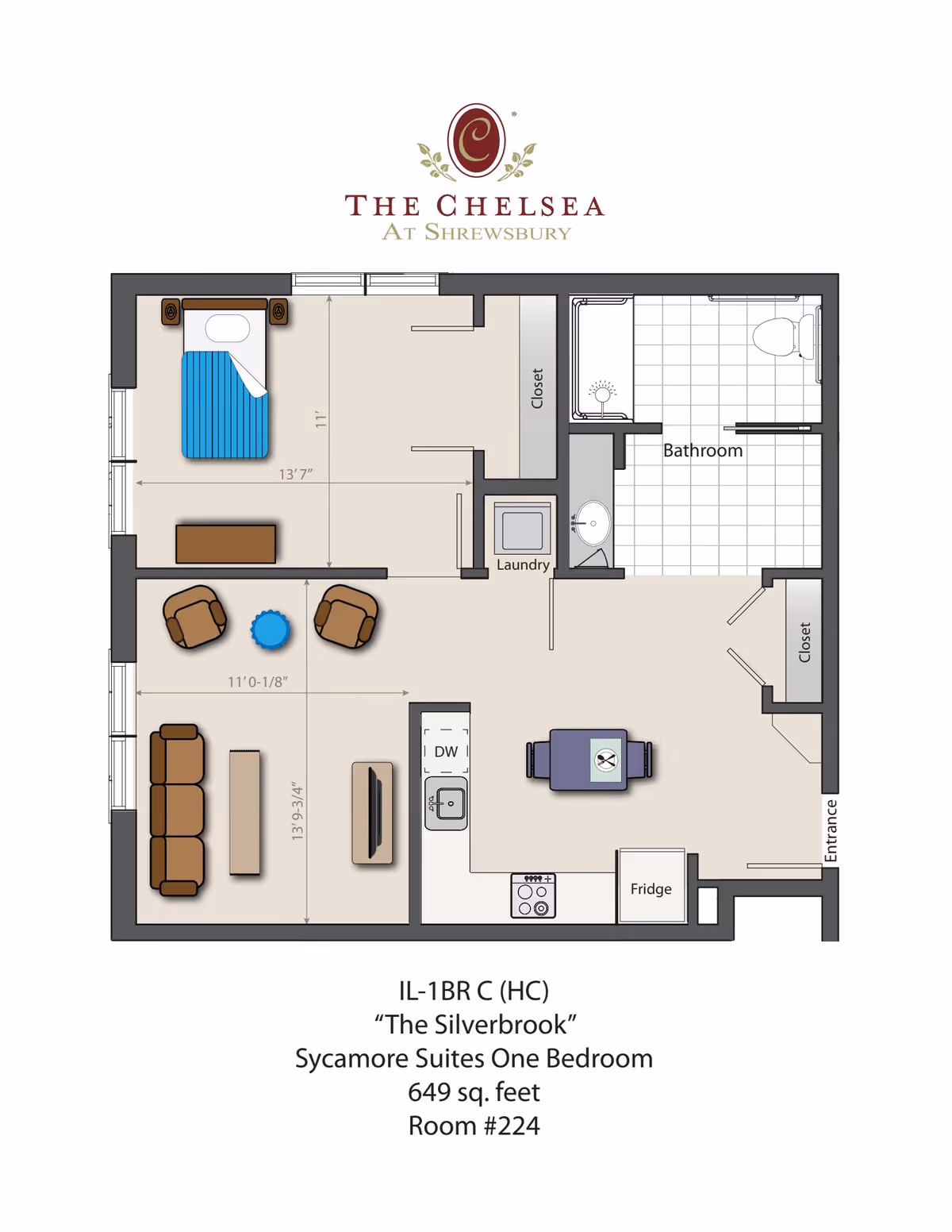 Floor plan of a one-bedroom suite named The Silverbrook at The Chelsea at Shrewsbury, showing a bedroom with a bed and nightstands, a living room with sofa and chairs, a kitchen area with appliances including a fridge and dishwasher, a bathroom, closets, and a laundry area. The suite measures 649 square feet and is labeled Room #224.