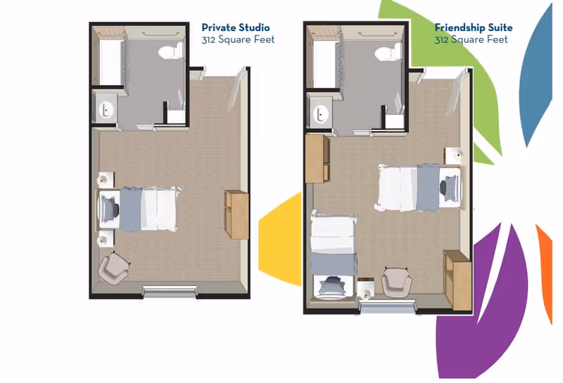 Floor plans for two types of living spaces at YOURLife of Tallahassee: a Private Studio and a Friendship Suite, each 312 square feet. Both layouts include a bathroom with a shower, toilet, and sink, a sleeping area with beds, nightstands, a chair, and a dresser. The Friendship Suite has two beds while the Private Studio has one.