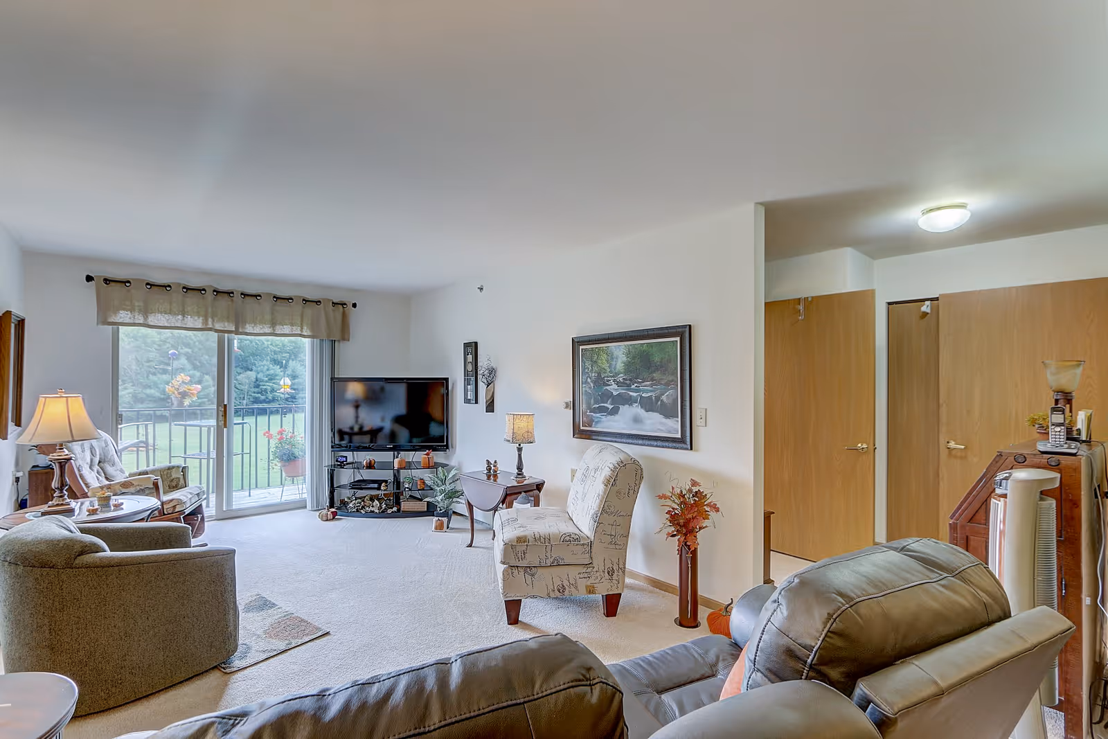 A bright living room with beige carpet and white walls featuring a large window with sliding glass doors leading to a balcony with a view of greenery. The room is furnished with a leather recliner, an upholstered armchair, a wooden side table with a lamp, a TV on a stand, and decorative items including framed artwork and plants.