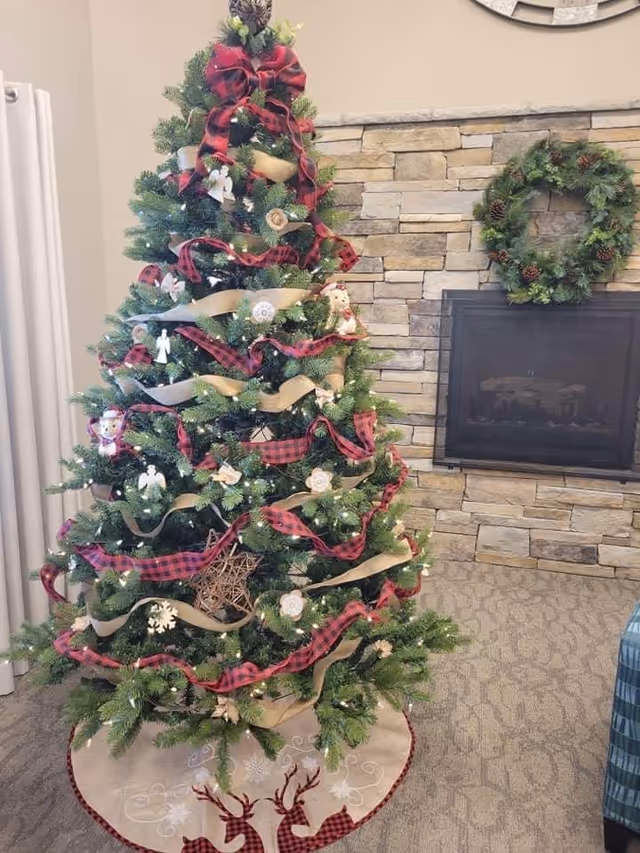 A decorated Christmas tree with red and beige ribbons, white lights, and various ornaments stands in front of a stone fireplace. A green wreath with pinecones hangs above the fireplace. The room has beige carpet and a curtain on the left side.