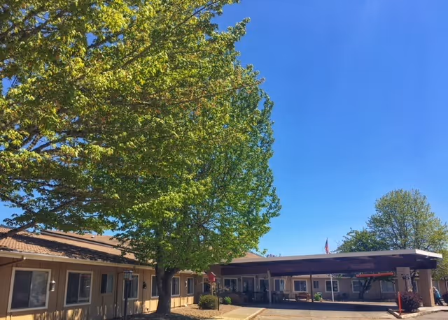 Exterior view of a single-story nursing and rehabilitation center building with a covered entrance, surrounded by trees with green leaves under a clear blue sky.