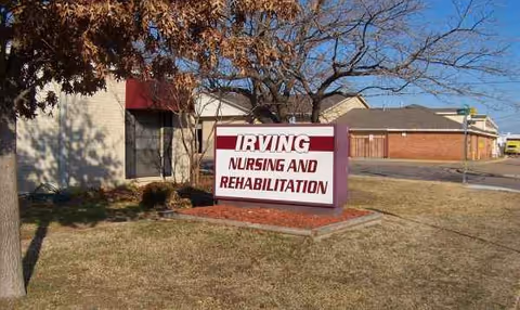 Exterior view of a senior facility with a sign reading Irving Nursing and Rehabilitation.
