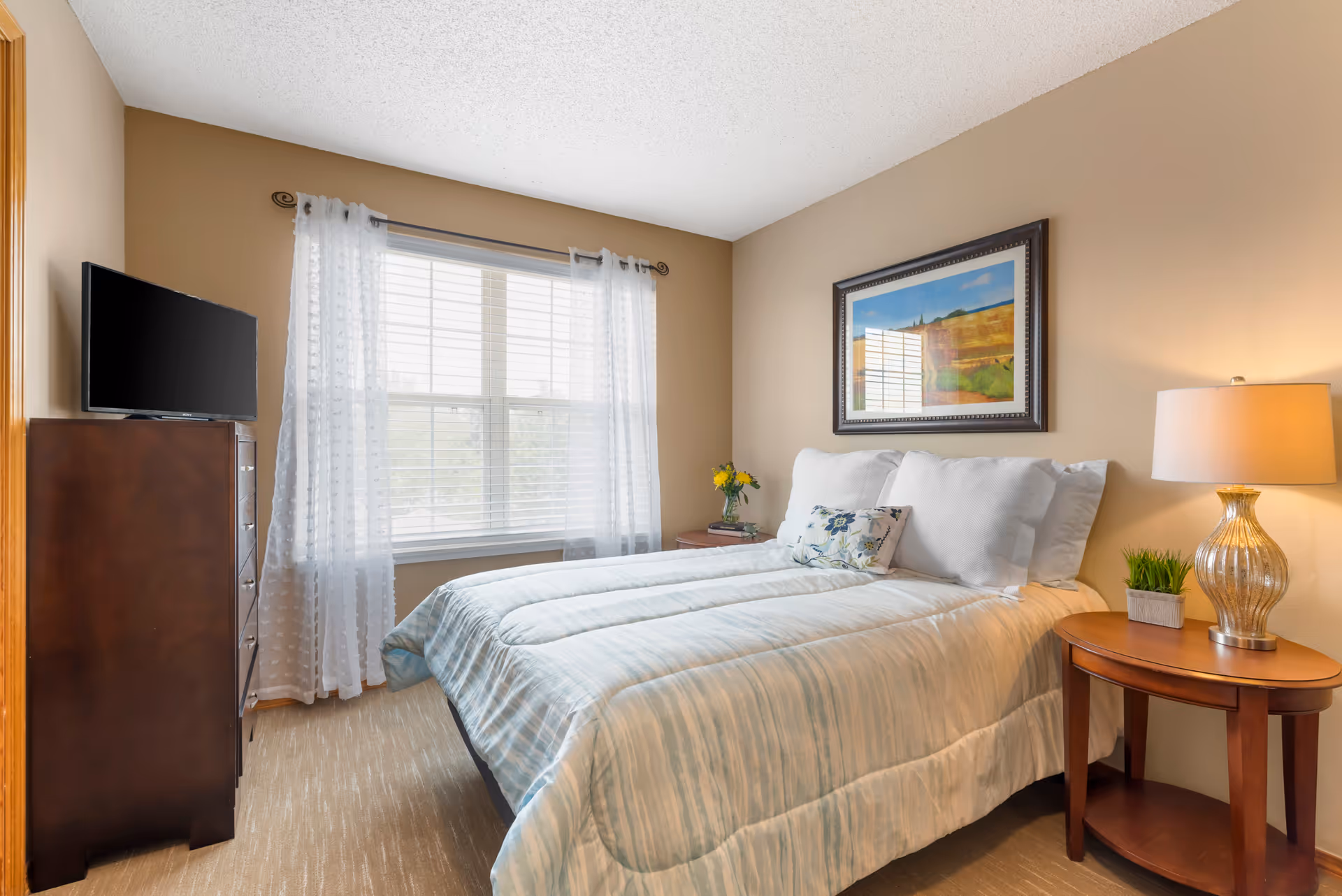 A cozy bedroom with a neatly made bed featuring a light blue and white striped comforter and decorative pillows. There is a wooden nightstand with a lamp and a small plant on the right side of the bed. A framed landscape painting hangs on the beige wall above the bed. A window with white sheer curtains allows natural light into the room. On the left side, there is a dark wooden dresser with a flat-screen TV on top.