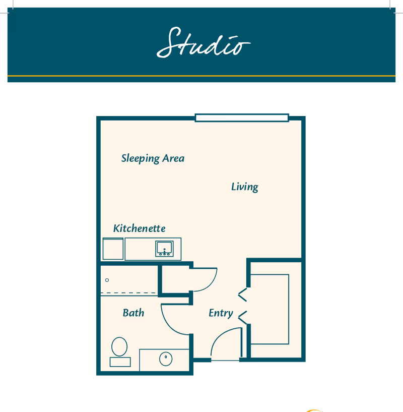 Floor plan of a studio apartment at HarborChase of Jasper showing a sleeping area, living area, kitchenette, bath, and entry.