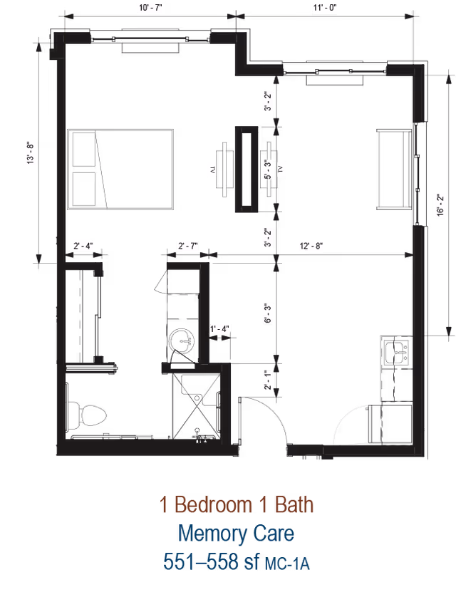Architectural floor plan of a 1 bedroom, 1 bathroom memory care unit at MorningStar Assisted Living & Memory Care of Rio Rancho, showing room dimensions and layout including bedroom, bathroom, living area, and kitchen.