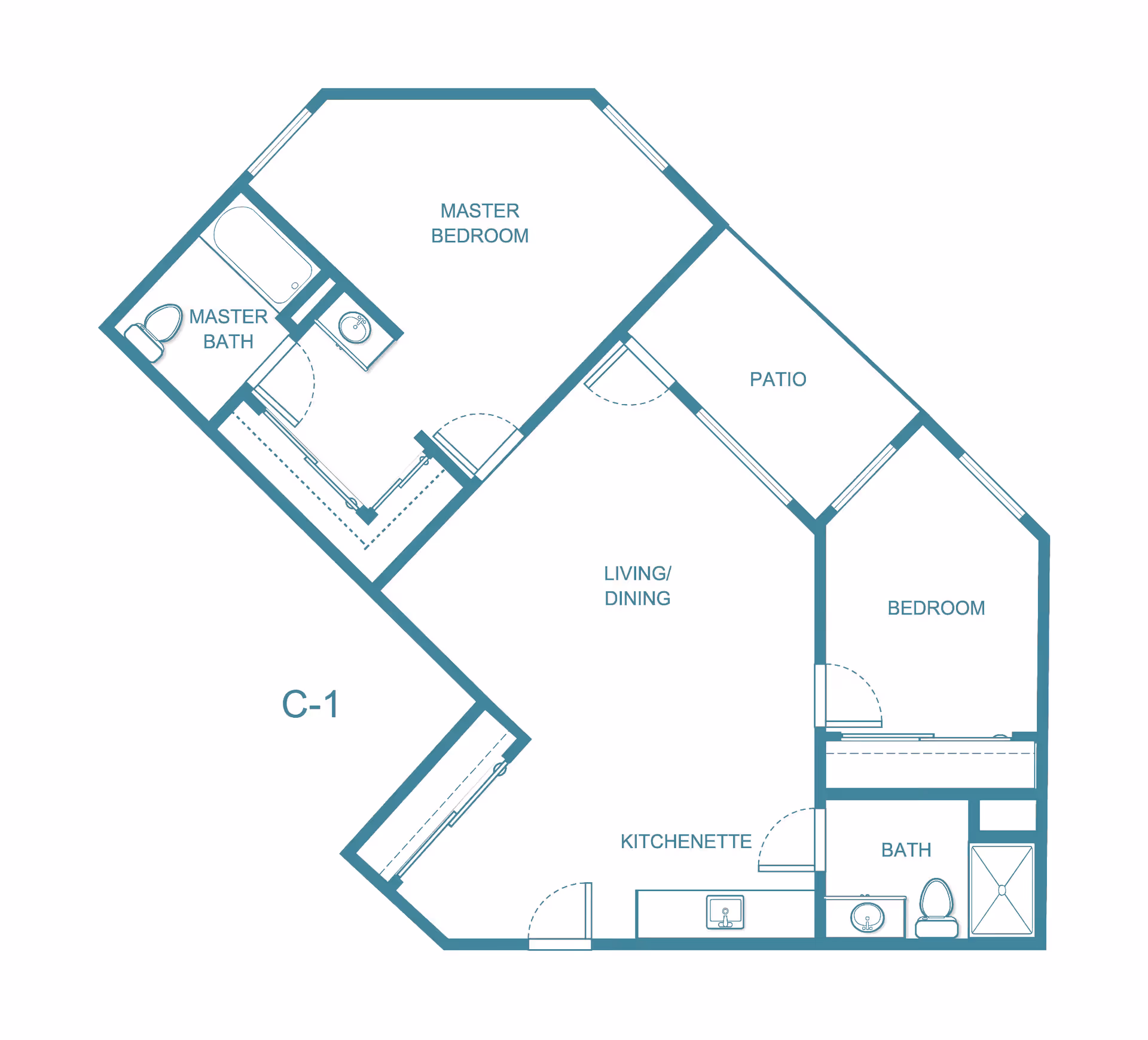 Architectural floor plan of a residential unit labeled C-1 at Solista Carson, showing a master bedroom with attached master bath, a second bedroom, a living/dining area, a kitchenette, a second bath, and a patio.