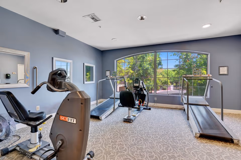 A senior living facility exercise room with a recumbent exercise bike, two treadmills, and a large window showing green trees outside. The room has blue walls, patterned carpet, and two mirrors on the left wall.