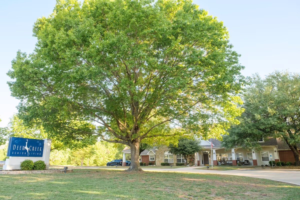 A large leafy tree and front lawn sit in front of the Deer Creek Senior Living building and its sign.