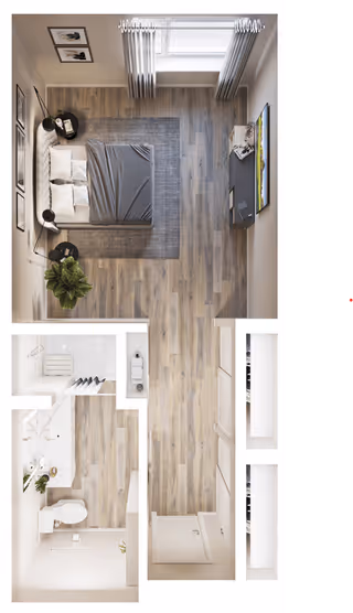 Top-down view of a senior living apartment layout featuring a bedroom with a bed, nightstands, a rug, a TV mounted on the wall, and a plant. Adjacent to the bedroom is a bathroom with a toilet, sink, and shower area. The flooring throughout is wood-style.
