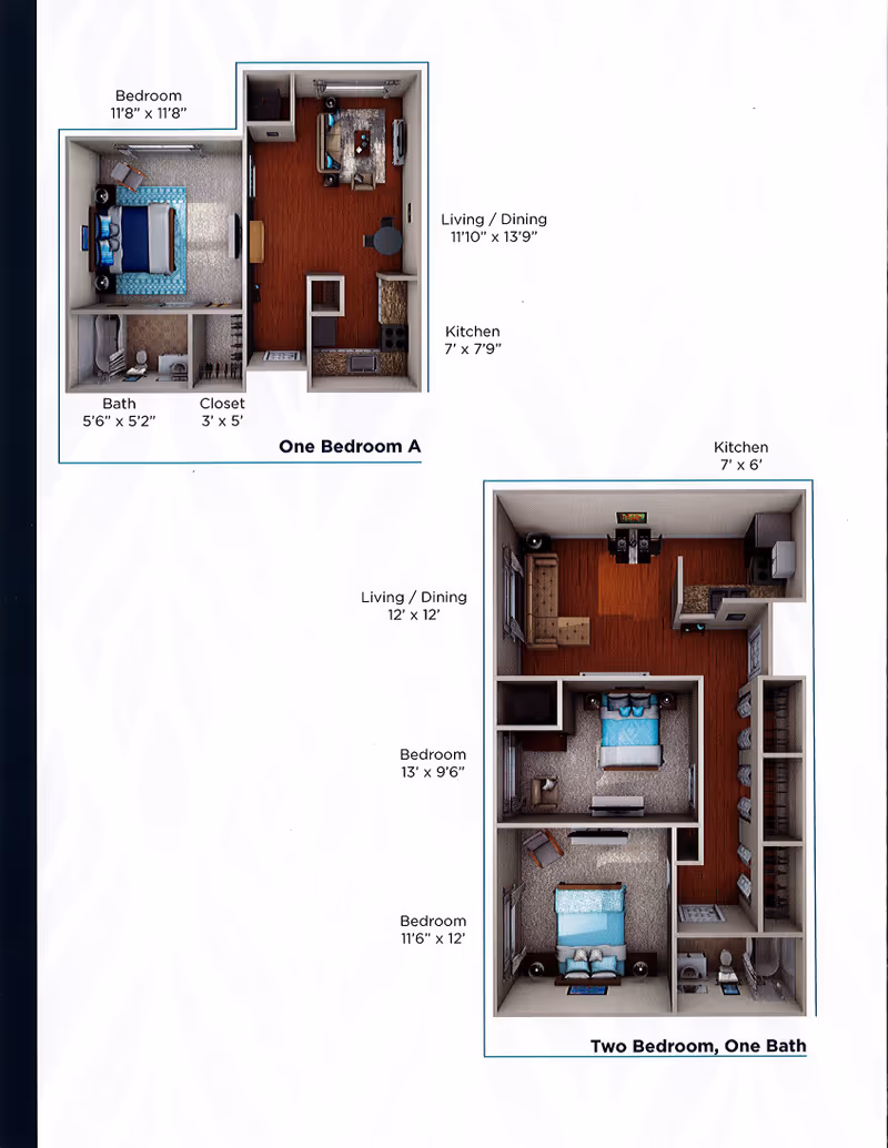 Top-down rendered floor plans showing a one-bedroom layout and a two-bedroom, one-bath layout with room labels and dimensions.