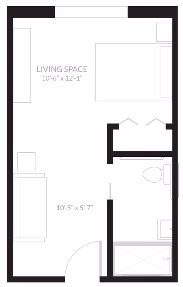 Floor plan layout of a living space measuring 10 feet 6 inches by 12 feet 1 inch, including a bed, a closet, and an adjacent bathroom with a toilet and shower.