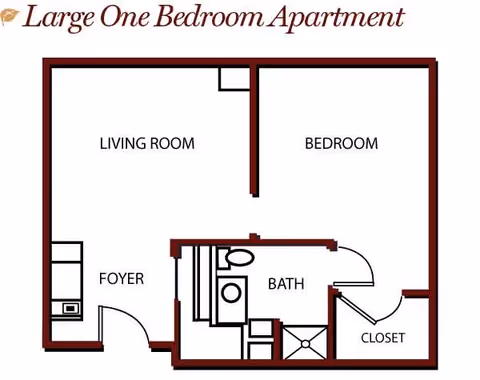 Floor plan diagram for a large one-bedroom apartment showing a living room, bedroom, foyer, bath, and closet.