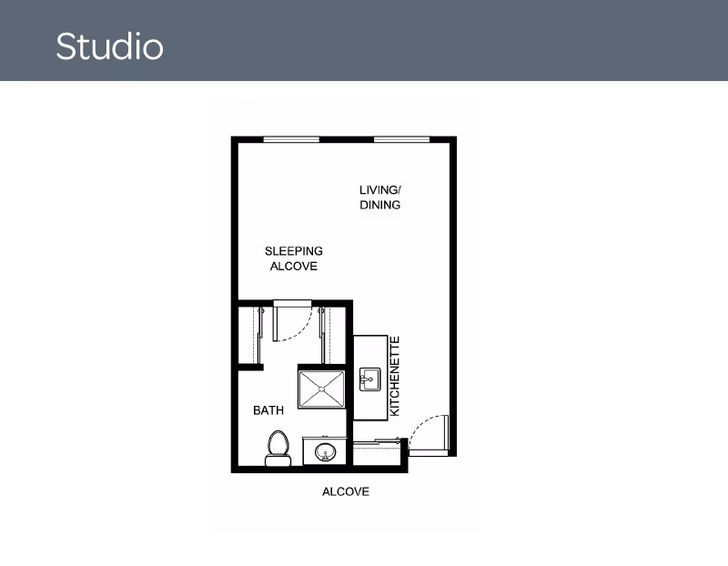 Floor plan of a studio apartment showing a living/dining area, sleeping alcove, kitchenette, and bathroom.