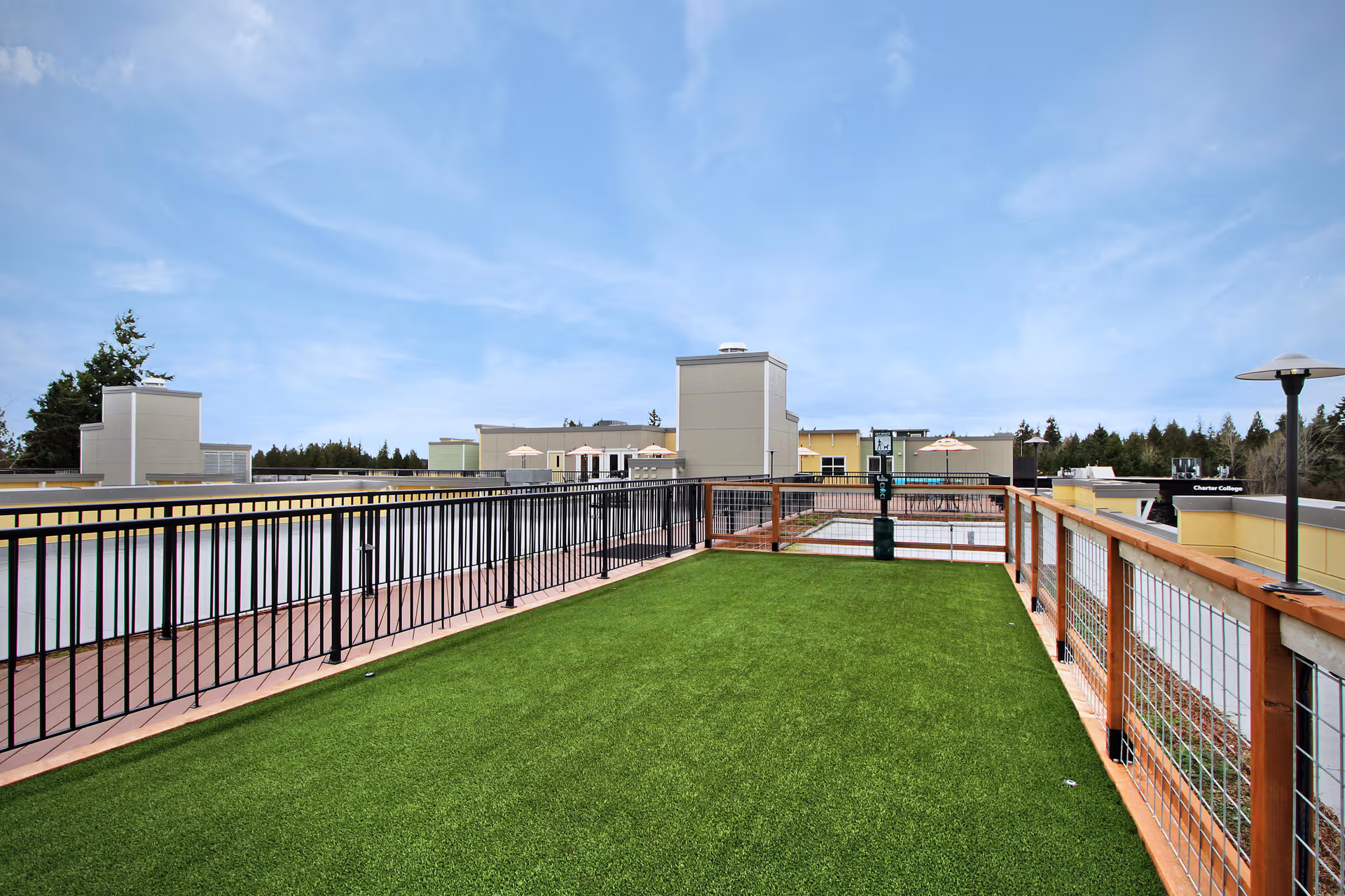 Rooftop terrace with artificial grass, metal railings and surrounding buildings under a blue sky.