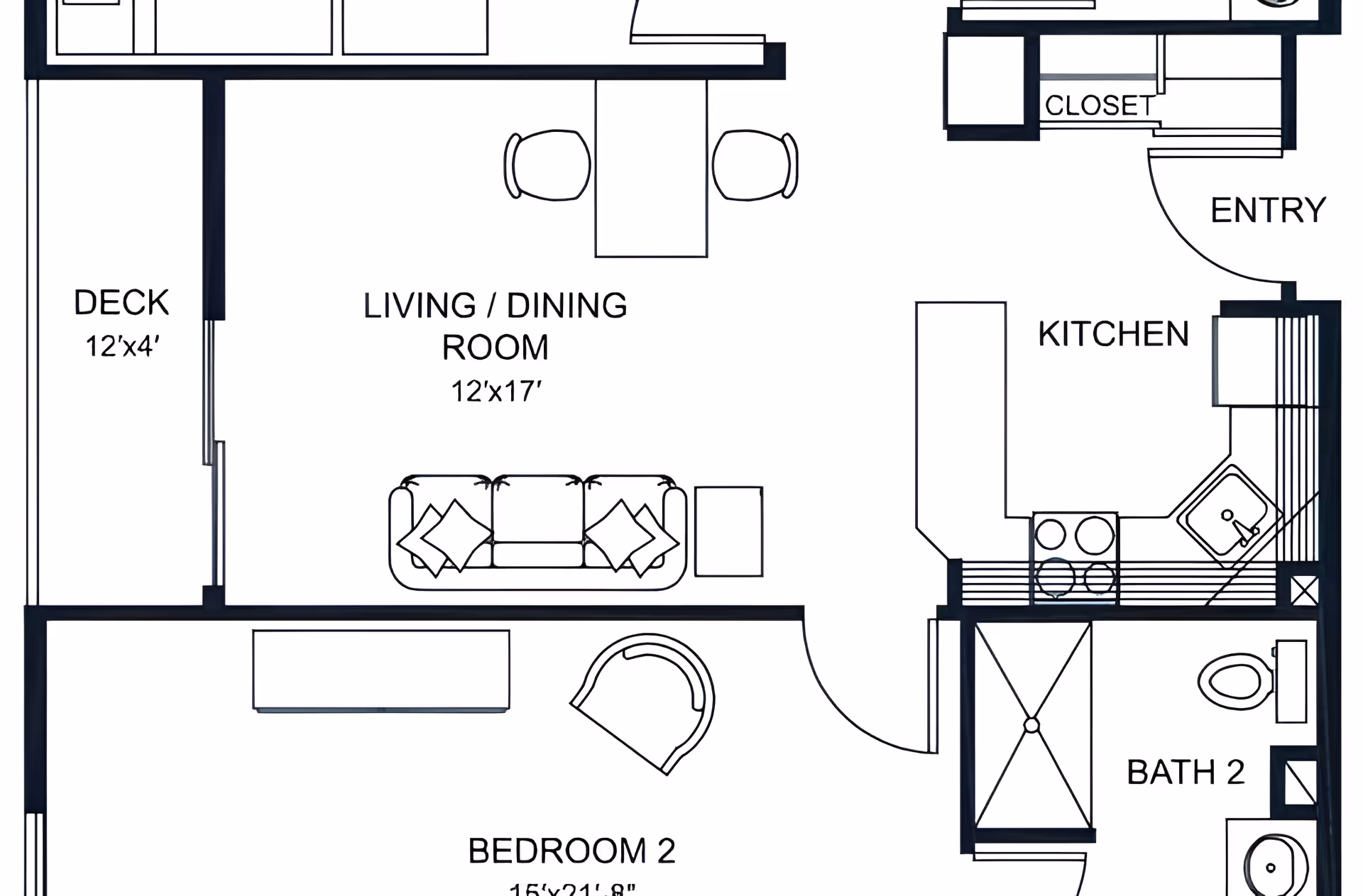 Architectural floor plan showing a layout with a deck, living/dining room, kitchen, bedroom, and bathroom.
