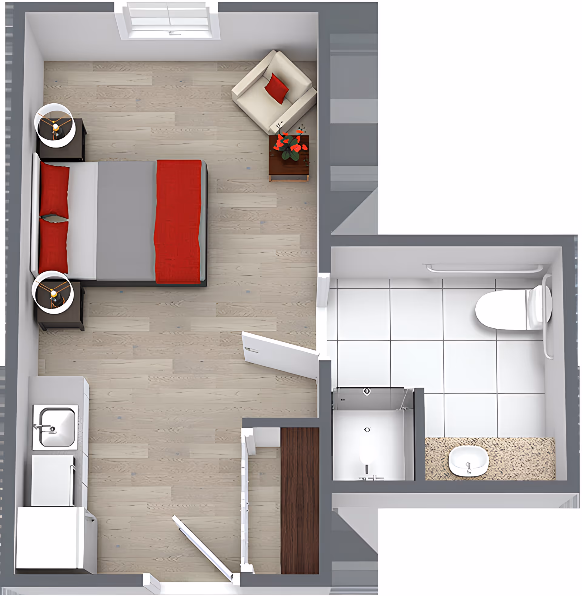 Top-down view of a small apartment layout featuring a bedroom area with a bed, two nightstands with lamps, a chair with a red pillow, and a small table with a plant. Adjacent to the bedroom is a bathroom with a toilet, sink, and shower. The apartment also includes a kitchenette with a sink, stove, and refrigerator.
