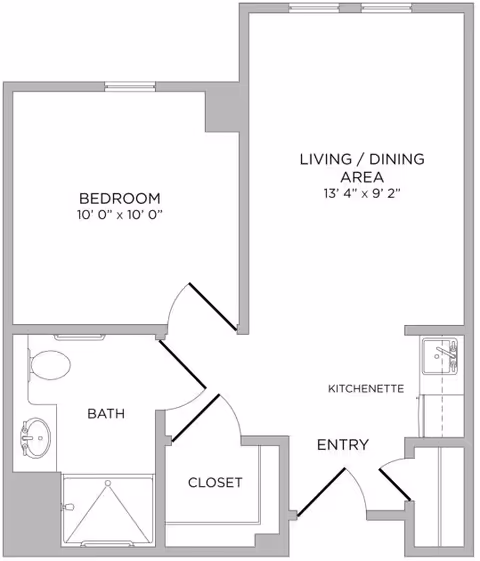 Floor plan of a senior living unit at Brighton Gardens of Raleigh showing a bedroom measuring 10 feet by 10 feet, a bathroom with a toilet, sink, and shower, a closet, an entry area, a kitchenette, and a combined living and dining area measuring 13 feet 4 inches by 9 feet 2 inches.