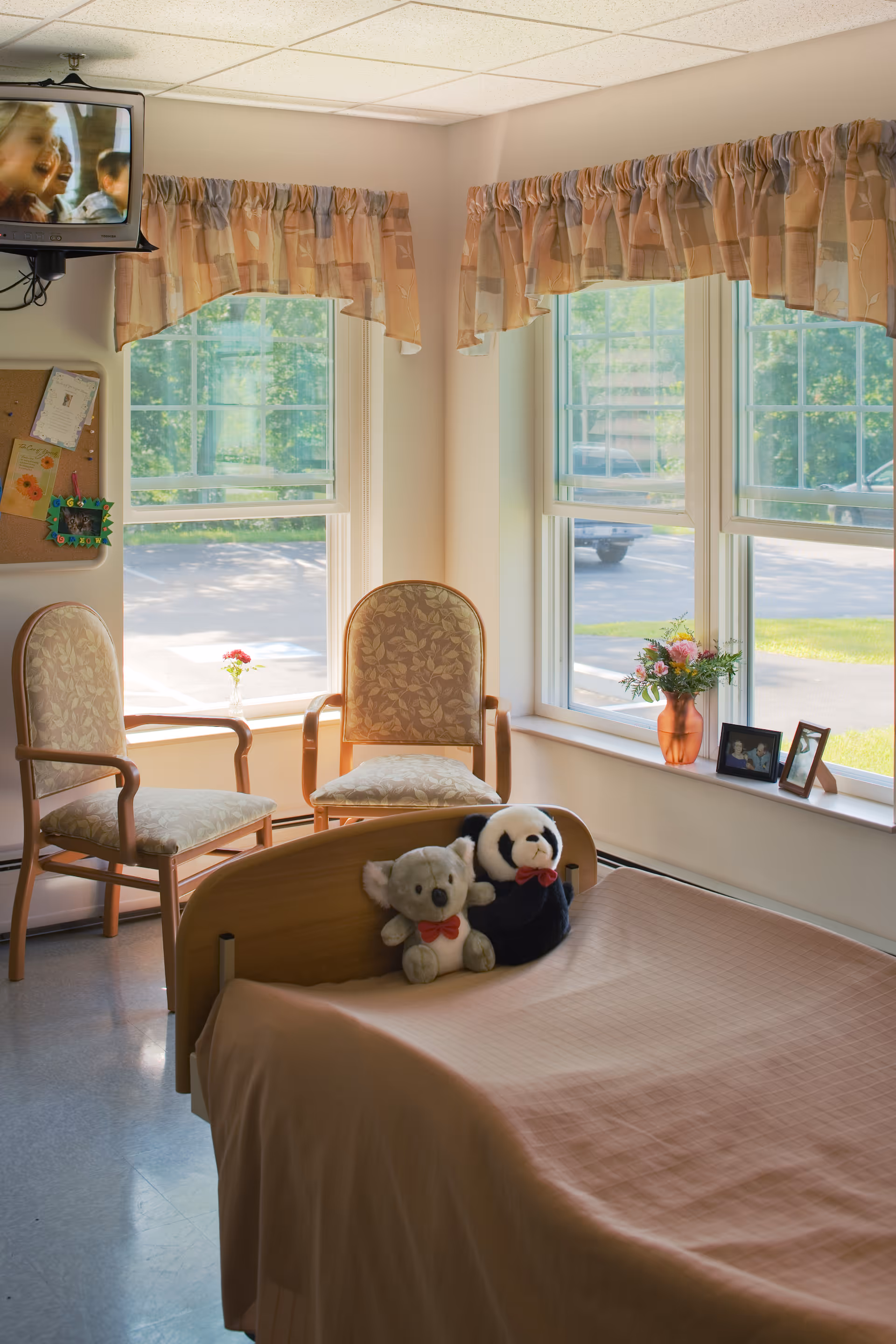 A cozy room with a single bed covered in a beige blanket, two stuffed animals (a koala and a panda) sitting on the bed. Two upholstered chairs with floral patterns are placed near large windows with patterned valance curtains. A small TV is mounted in the corner near the ceiling, and a bulletin board with pinned notes is on the wall. A vase with flowers and framed photos sit on the windowsill, and outside the windows, a parking lot and greenery are visible.