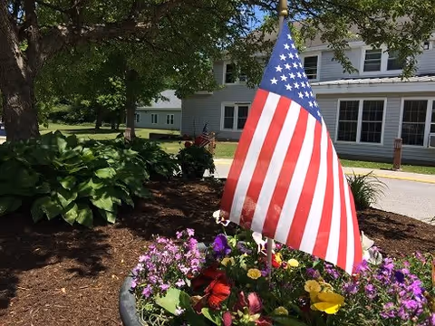 A garden bed with colorful flowers and an American flag planted in the soil. In the background, there is a white building with multiple windows and a tree providing shade.