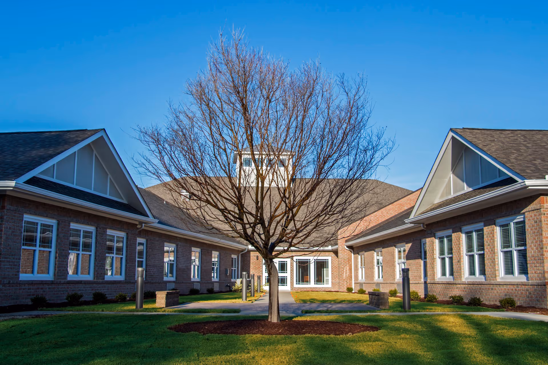 Exterior view of Carteret Landing facility showing a courtyard with a leafless tree in the center, surrounded by brick buildings with multiple windows under a clear blue sky.