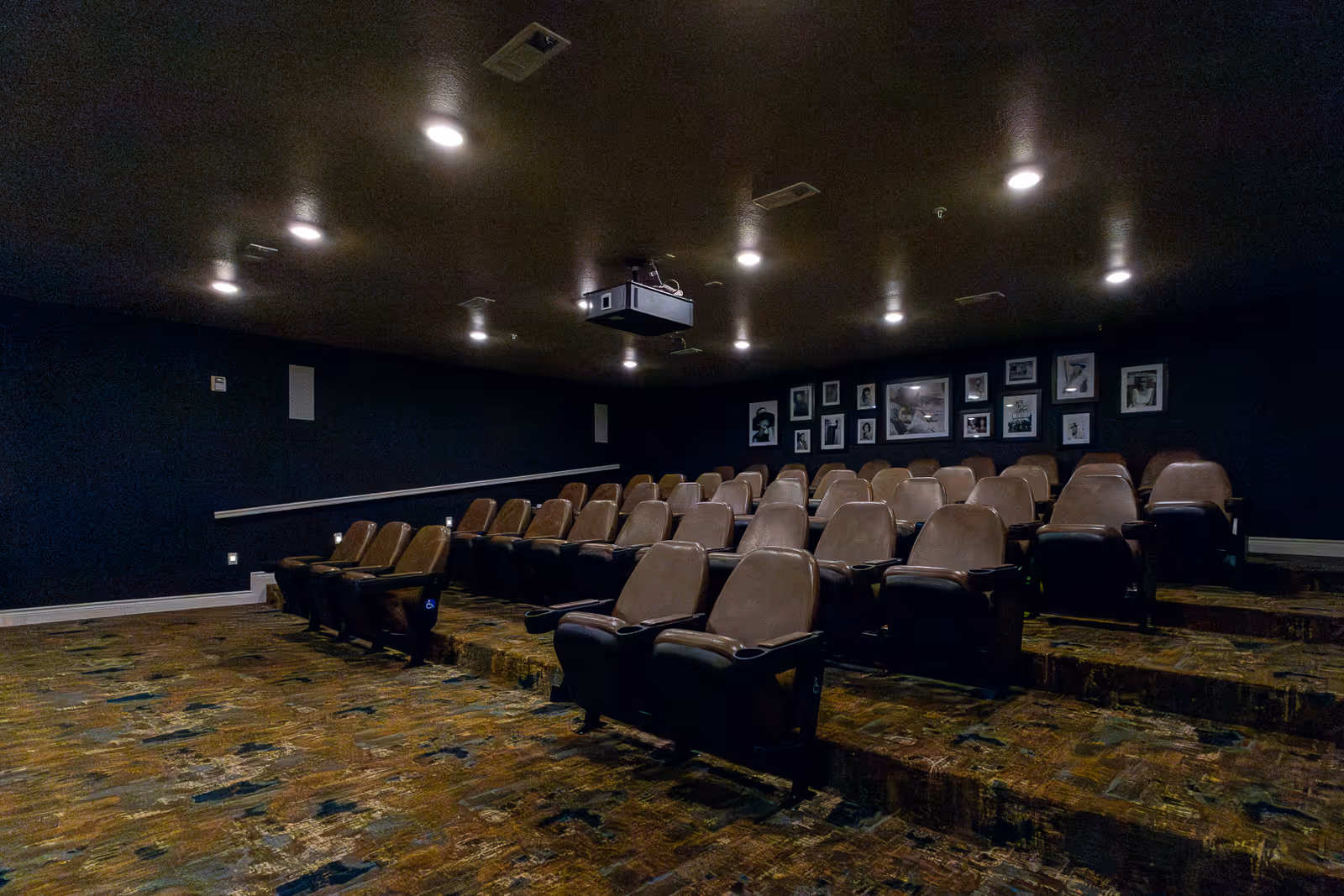 Dimly lit theater-style screening room with rows of recliner seats and a ceiling-mounted projector.