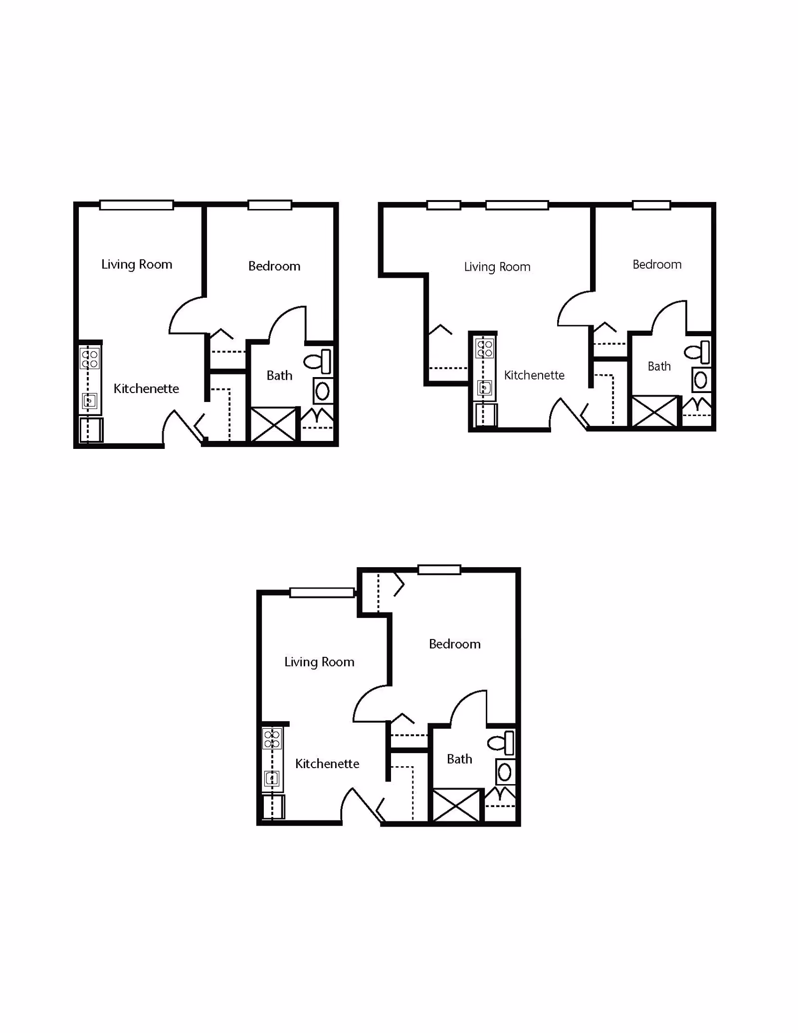 Three black and white architectural floor plans for one-bedroom apartments, each showing a living room, kitchenette, bedroom, and bathroom layout.