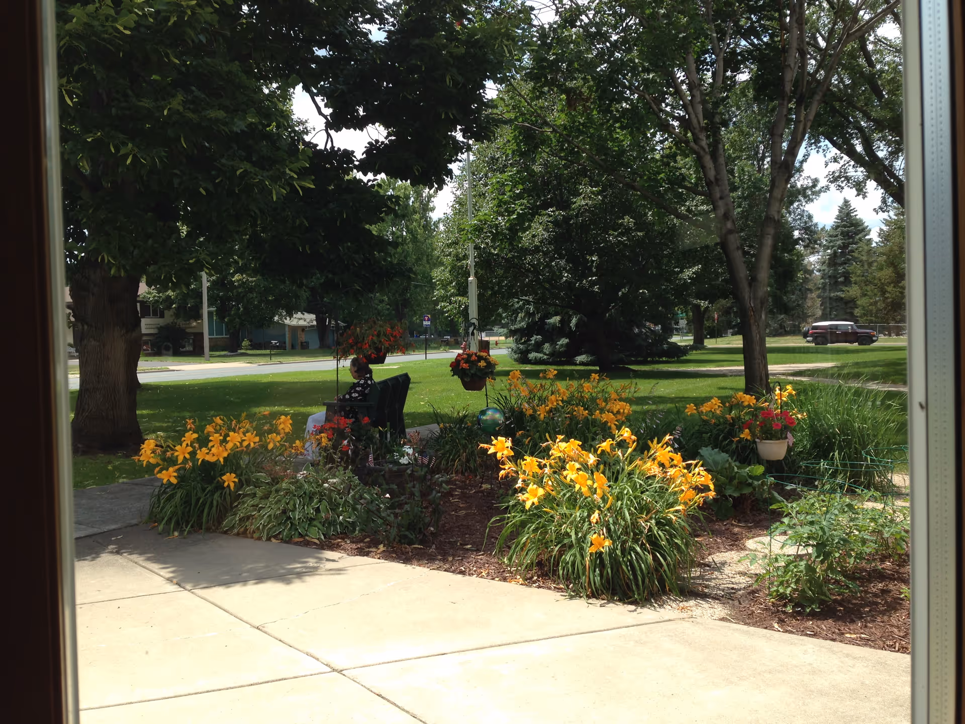 View through a window showing a garden area with yellow flowers, green trees, and a person sitting on a bench. A sidewalk and a street with parked cars are visible in the background.