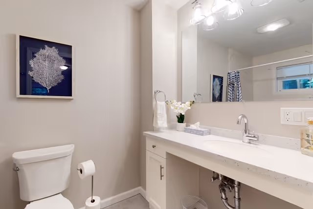 Modern bathroom in a senior living residence with toilet, sink, mirror, and framed artwork.