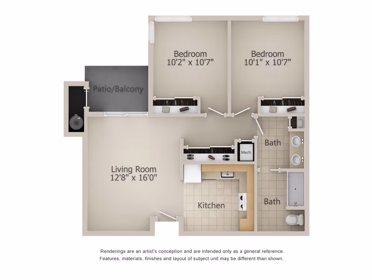 Floor plan of a residential unit showing two bedrooms, a living room, a kitchen, two bathrooms, a mechanical room, and a patio/balcony. The bedrooms measure approximately 10 feet by 10 feet 7 inches, the living room is 12 feet 8 inches by 16 feet, and the kitchen is adjacent to the living room. The bathrooms include sinks, a bathtub, and a toilet.