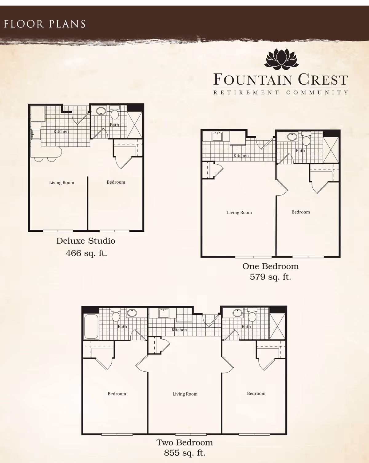 Floor plans for Fountain Crest Retirement Community showing three apartment layouts: Deluxe Studio (466 sq. ft.) with kitchen, living room, bedroom, and bath; One Bedroom (579 sq. ft.) with kitchen, living room, bedroom, and bath; Two Bedroom (855 sq. ft.) with kitchen, living room, two bedrooms, and two baths.