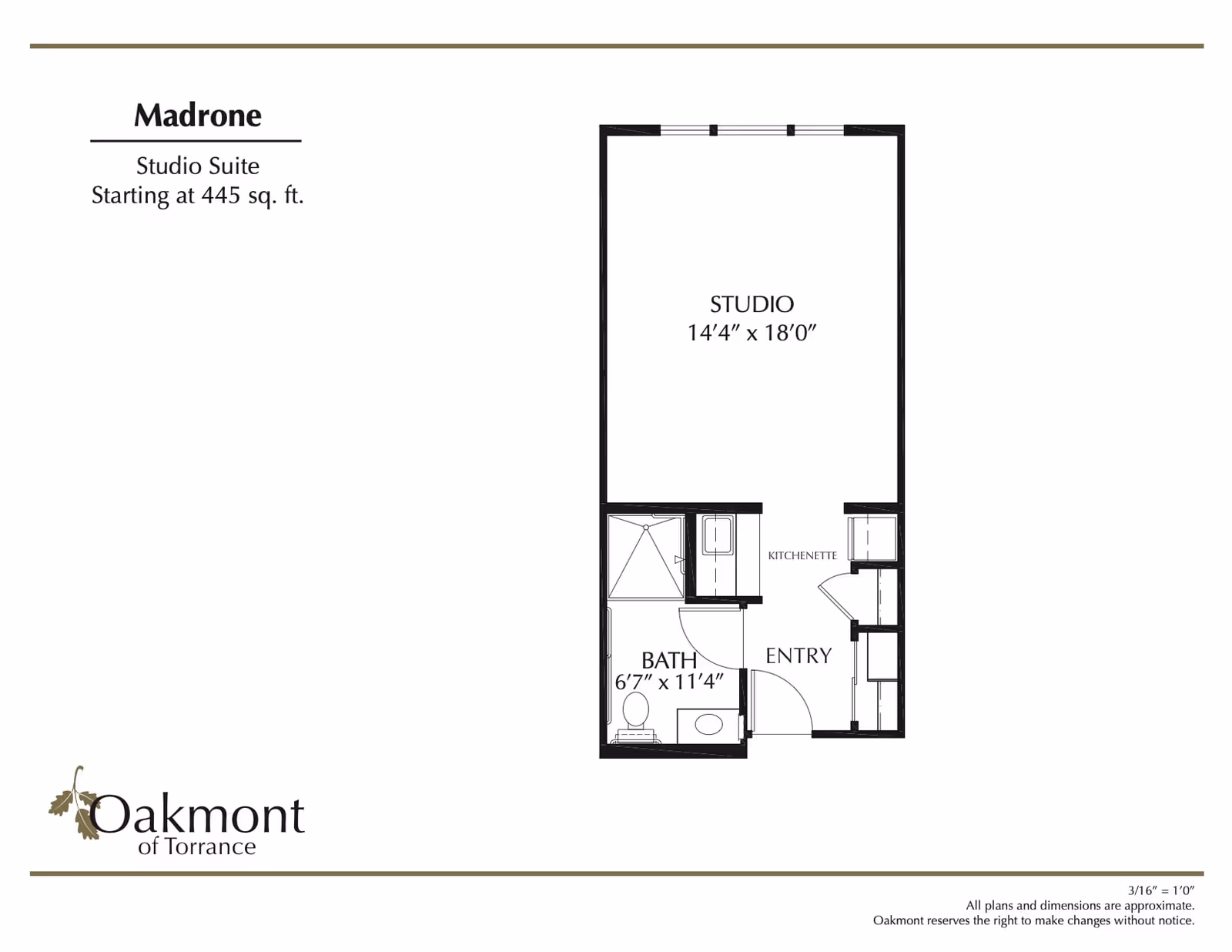 Floor plan of Madrone studio suite at Oakmont of Torrance, showing a studio area measuring 14 feet 4 inches by 18 feet, a bathroom measuring 6 feet 7 inches by 11 feet 4 inches, an entry area, and a kitchenette.