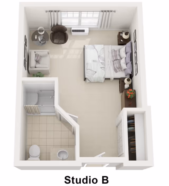 Top-down 3D floor plan of a studio apartment labeled 'Studio B' showing a bed, seating area, closet, and bathroom.