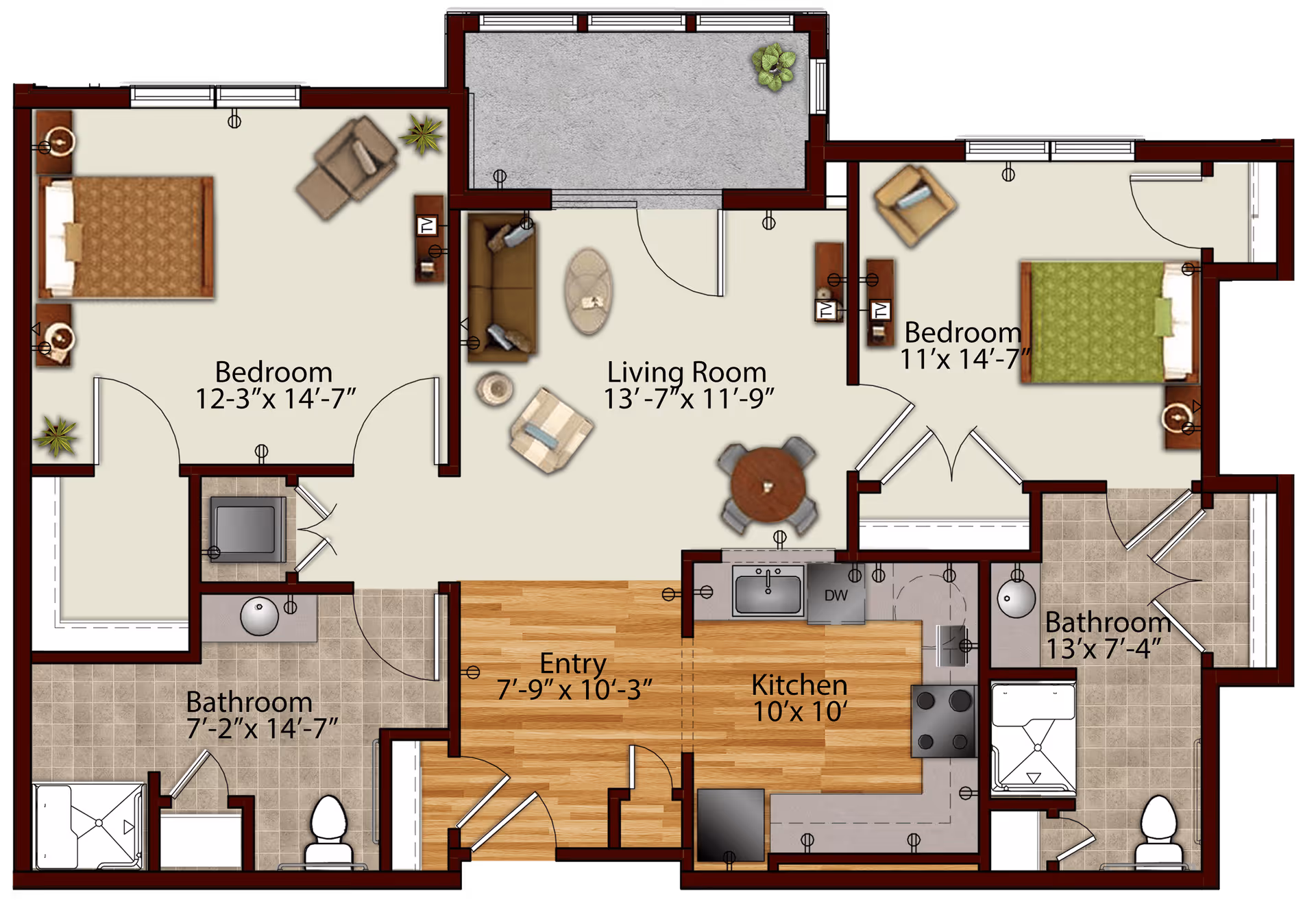 Floor plan of a senior living facility apartment at Harmony at Morgantown showing two bedrooms, two bathrooms, a living room, kitchen, and entry area. The bedrooms are furnished with beds and chairs, the living room has a sofa, chairs, and a table, and the kitchen includes appliances and cabinetry. Measurements for each room are labeled.