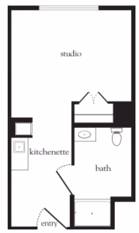 Floor plan of a studio apartment featuring an entry area leading to a kitchenette, a combined studio living space, and a separate bathroom with a sink, toilet, and bathtub.