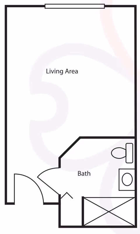 Floor plan of a studio unit labeled "Living Area" with an adjacent bath showing a toilet, sink, and shower/closet area.
