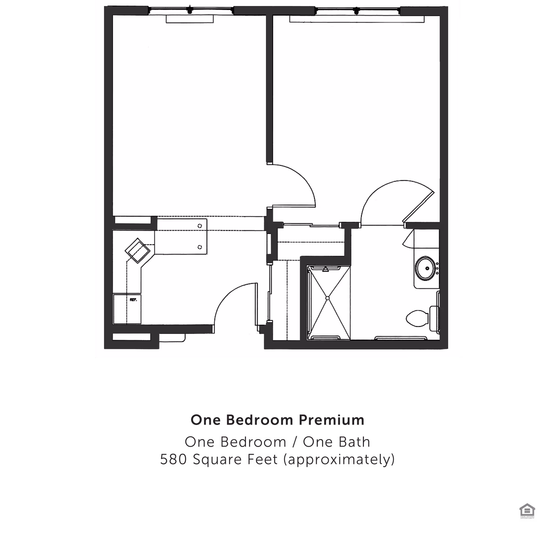 Black-and-white floor plan of a one-bedroom, one-bath apartment showing a bedroom, bathroom, kitchen, and living area.