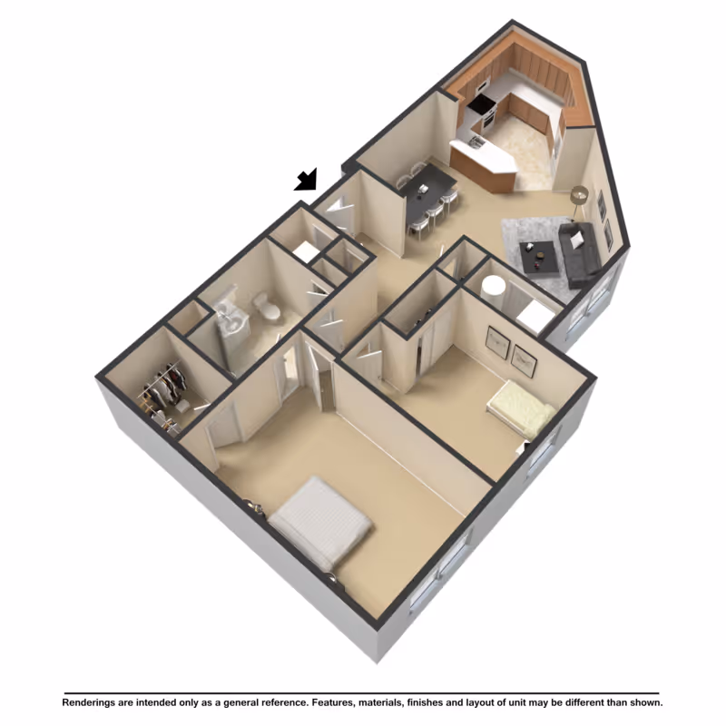3D floor plan of a senior living apartment unit showing a bedroom with a bed and closet, a smaller room with a single bed, a bathroom with a toilet and sink, a kitchen with appliances and cabinets, a dining area with a table and chairs, and a living room with a sofa and coffee table.