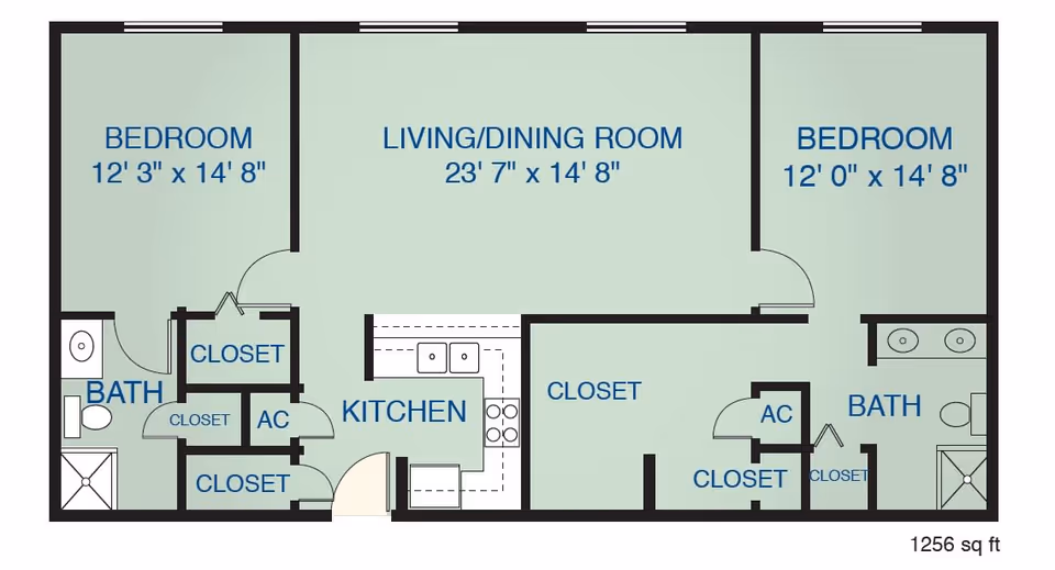 Floor plan of a residential unit at Buckner Westminster Place showing two bedrooms, two bathrooms, a living/dining room, a kitchen, multiple closets, and AC units. The total area is 1256 square feet.